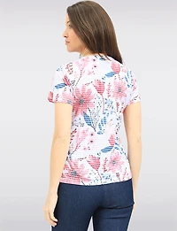 Lightweight Short Sleeve Knit Top - Floral Print & Rhinestone Details by Moffi