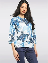Lightweight Blue Printed 3/4 Sleeve Textured Top with Rhinestone Detail by Moffi