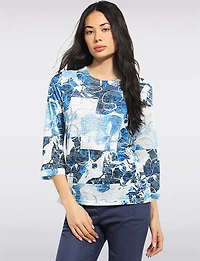 Lightweight Blue Printed 3/4 Sleeve Textured Top with Rhinestone Detail by Moffi