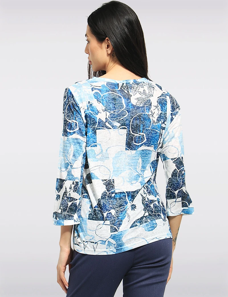 Lightweight Blue Printed 3/4 Sleeve Textured Top with Rhinestone Detail by Moffi