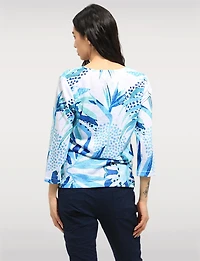 Elegant Leaf Print Knit Top with 3/4 Sleeves and Split Neckline by Moffi