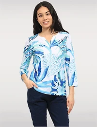 Elegant Leaf Print Knit Top with 3/4 Sleeves and Split Neckline by Moffi