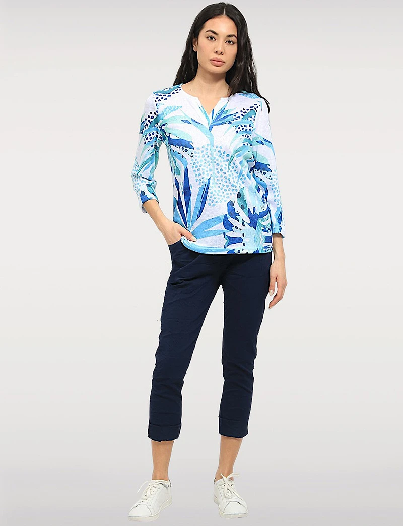 Elegant Leaf Print Knit Top with 3/4 Sleeves and Split Neckline by Moffi