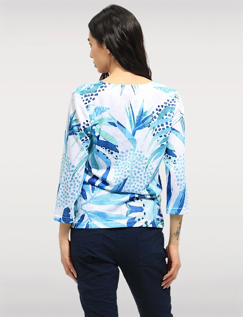 Elegant Leaf Print Knit Top with 3/4 Sleeves and Split Neckline by Moffi