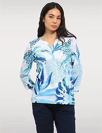 Elegant Leaf Print Knit Top with 3/4 Sleeves and Split Neckline by Moffi