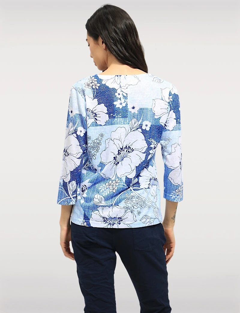 Chic Cutout Round Neckline 3/4 Sleeves Sheer Top with Rhinestone Detail by Moffi