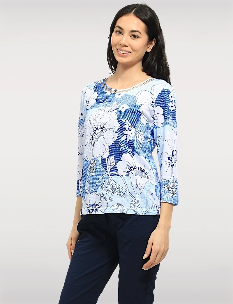 Chic Cutout Round Neckline 3/4 Sleeves Sheer Top with Rhinestone Detail by Moffi