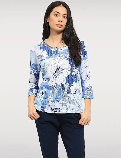 Chic Cutout Round Neckline 3/4 Sleeves Sheer Top with Rhinestone Detail by Moffi