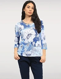 Chic Cutout Round Neckline 3/4 Sleeves Sheer Top with Rhinestone Detail by Moffi