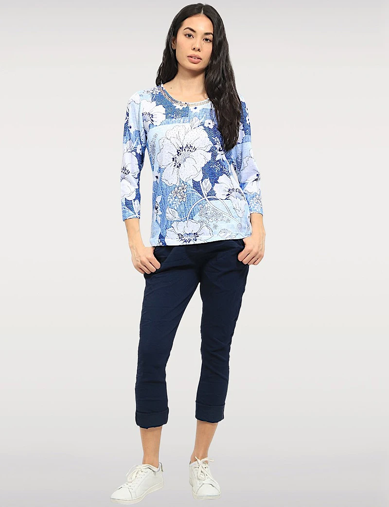 Chic Cutout Round Neckline 3/4 Sleeves Sheer Top with Rhinestone Detail by Moffi