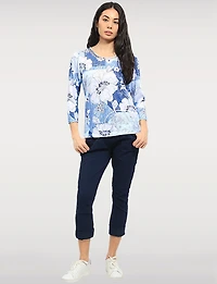 Chic Cutout Round Neckline 3/4 Sleeves Sheer Top with Rhinestone Detail by Moffi