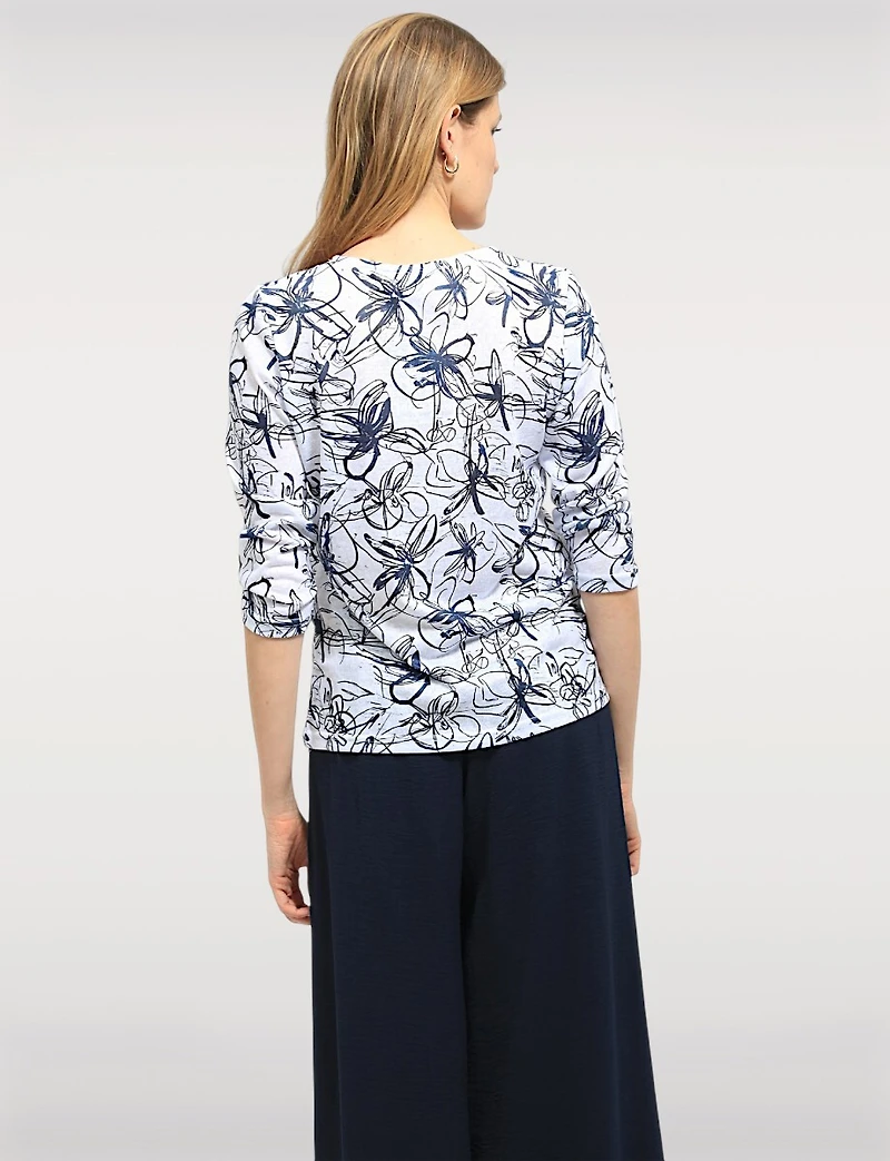 Elegant Abstract Print Sheer Knit Top with 3/4 Sleeves & Round Neck by Moffi