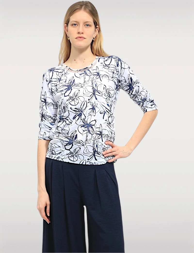 Elegant Abstract Print Sheer Knit Top with 3/4 Sleeves & Round Neck by Moffi