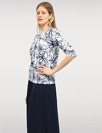 Elegant Abstract Print Sheer Knit Top with 3/4 Sleeves & Round Neck by Moffi