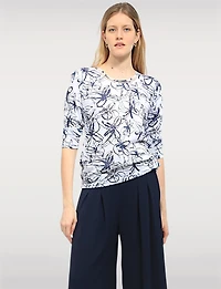 Elegant Abstract Print Sheer Knit Top with 3/4 Sleeves & Round Neck by Moffi