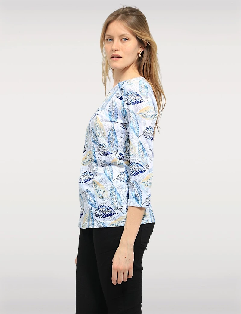 Adjustable 3/4 Sleeve Round Neck line Printed Sheer Top & Rhinestones by Moffi