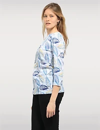 Adjustable 3/4 Sleeve Round Neck line Printed Sheer Top & Rhinestones by Moffi