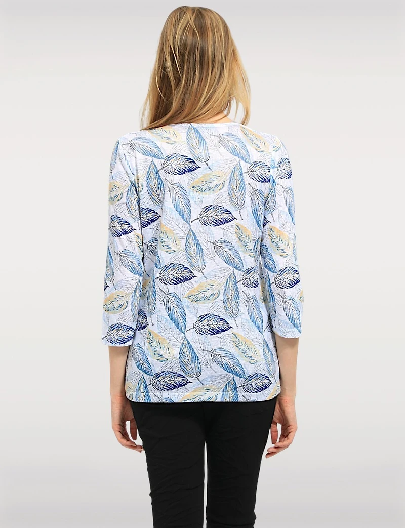 Adjustable 3/4 Sleeve Round Neck line Printed Sheer Top & Rhinestones by Moffi