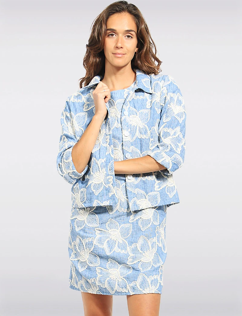 Embroidered Floral Blue Denim Texture Button-Front Cropped Jacket by Devia