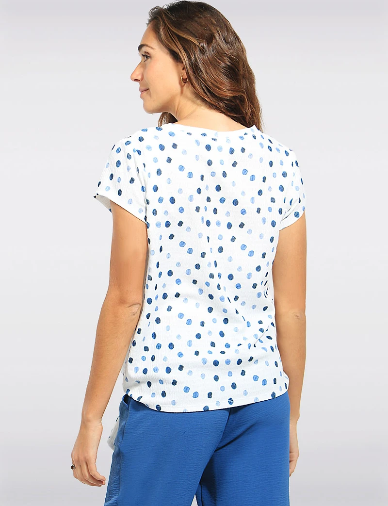 Trendy Polka Dot Print Cap Sleeve Top with Side Tie at the Hem by Devia