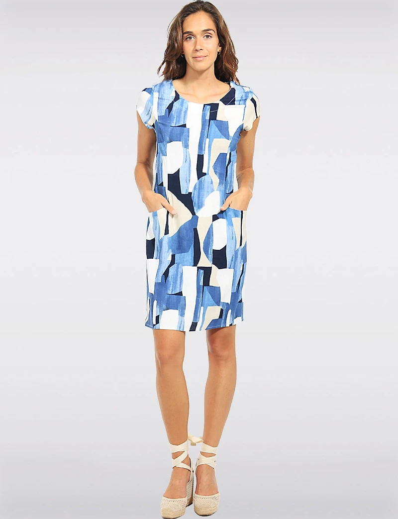 Straight Cut Knee Length Blue Abstract Print Cap Sleeve Dress & Pockets by Devia