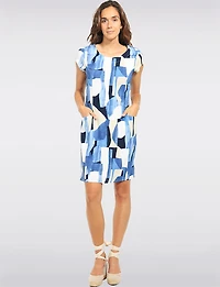 Straight Cut Knee Length Blue Abstract Print Cap Sleeve Dress & Pockets by Devia