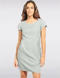 Straight Cut Khaki Pinstripe Front Pocket Short Sleeve Dress with Knit by Devia