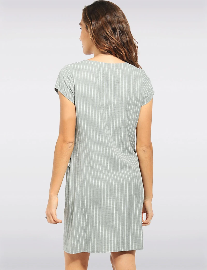 Straight Cut Khaki Pinstripe Front Pocket Short Sleeve Dress with Knit by Devia