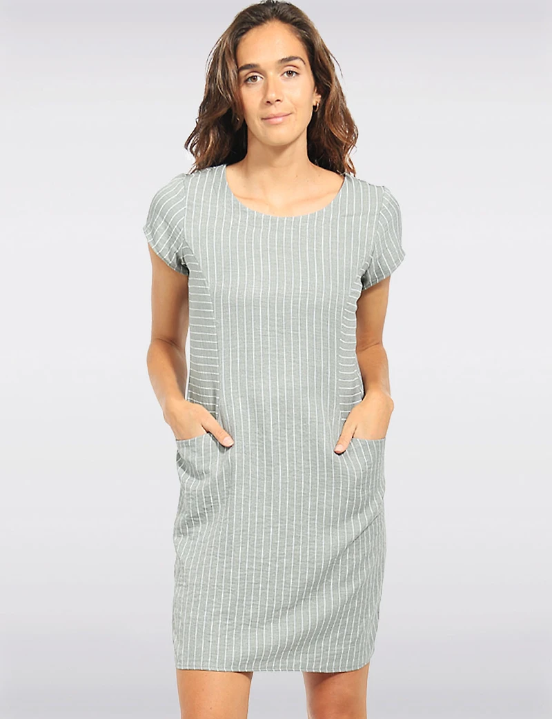 Straight Cut Khaki Pinstripe Front Pocket Short Sleeve Dress with Knit by Devia