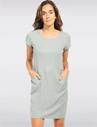 Straight Cut Khaki Pinstripe Front Pocket Short Sleeve Dress with Knit by Devia