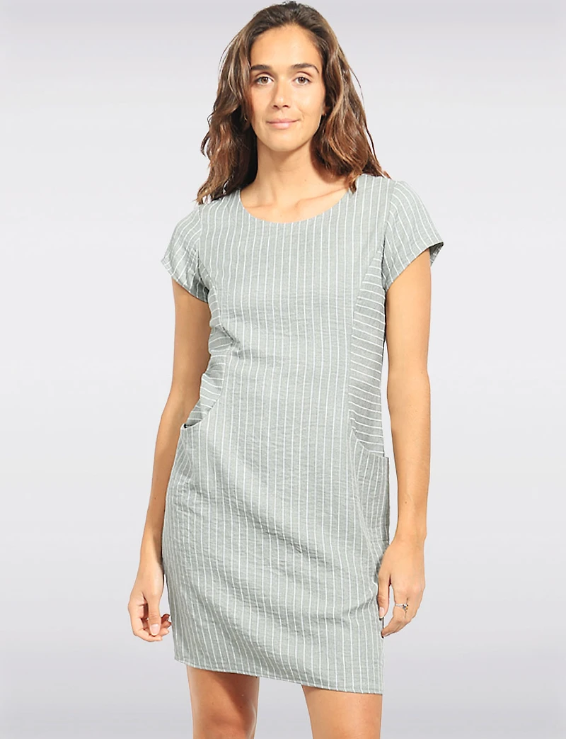 Straight Cut Khaki Pinstripe Front Pocket Short Sleeve Dress with Knit by Devia