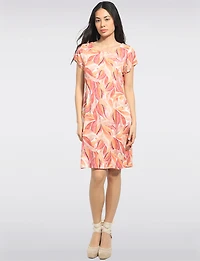 Straight Cut Orange Leaf Print Front Pocket Short Sleeve Dress by Devia
