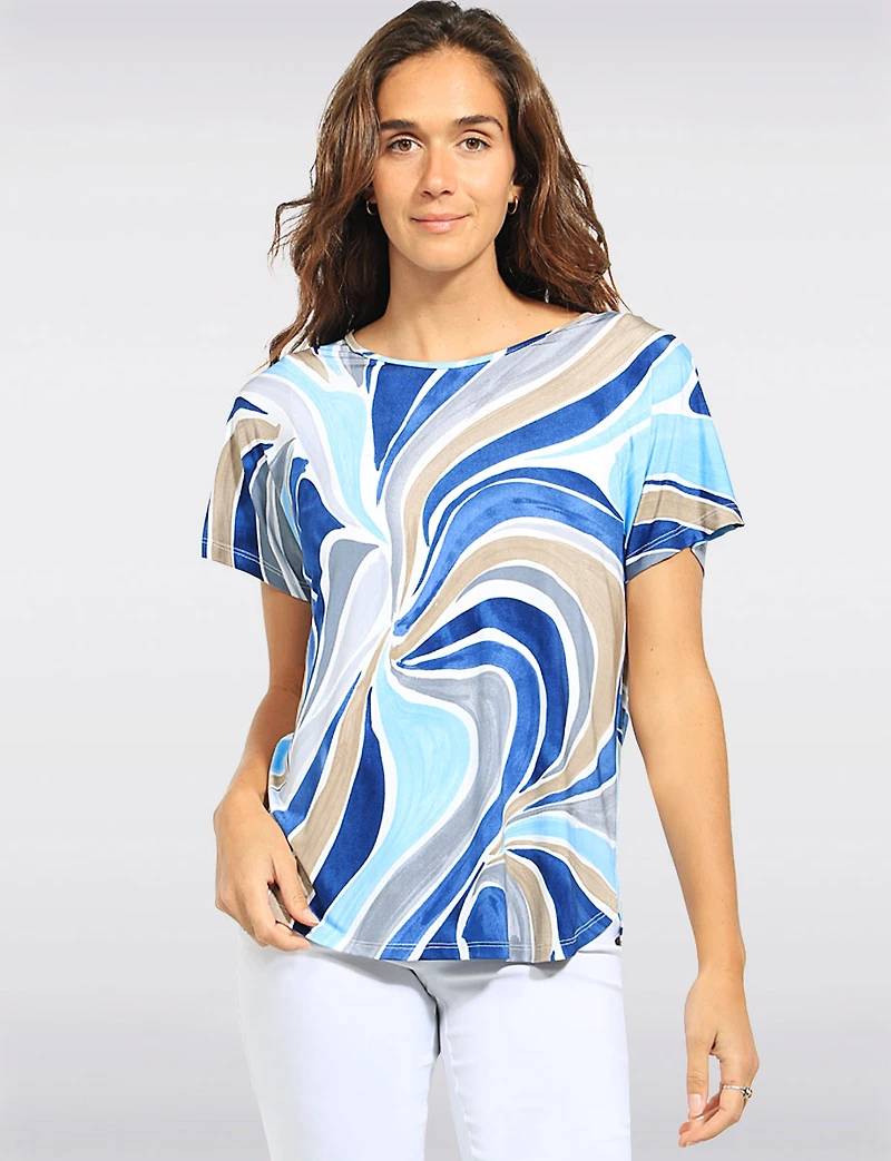 Stretchy Slim Fit Abstract Swirl Print Cap Sleeve Scoop Neck Top by Devia