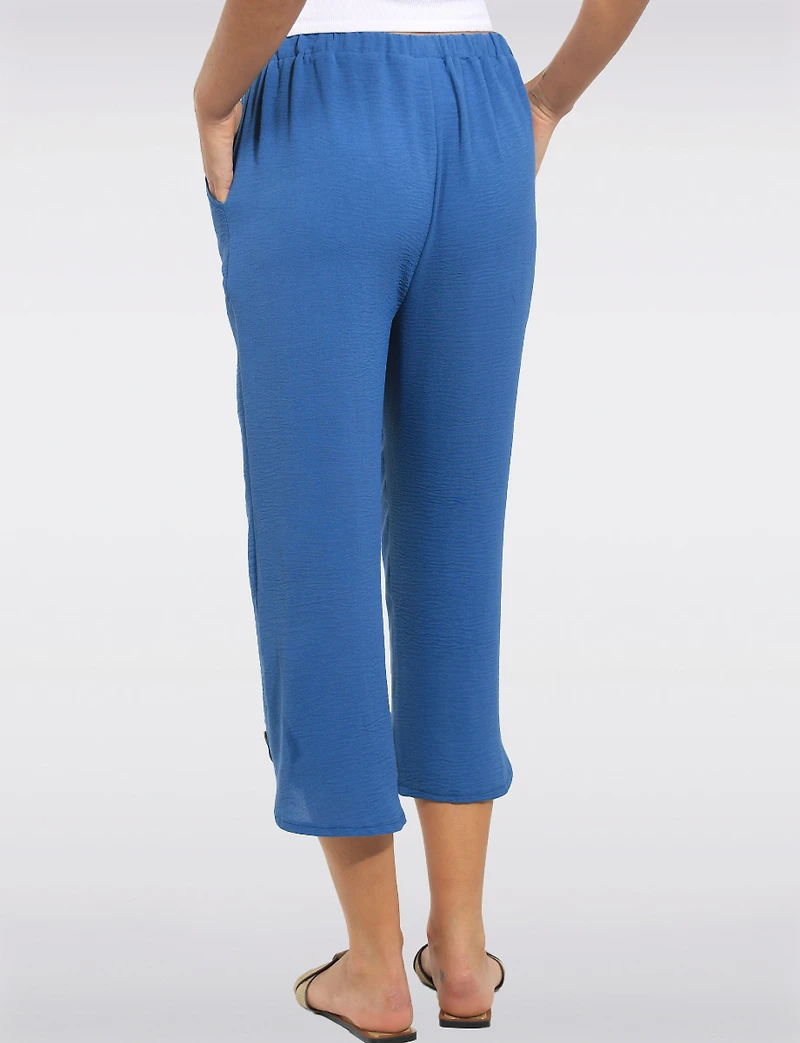 Pull-on Elastic Waist Cropped Button Cuff Straight Leg Textured Pants by Devia