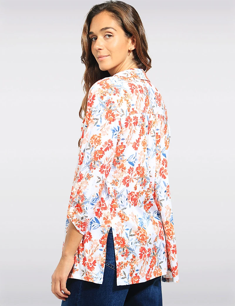 Three-quarter Sleeve Floral Print Button Down Shirt with Pointed Collar by Devia