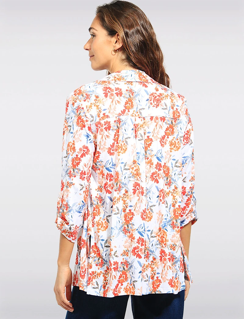 Three-quarter Sleeve Floral Print Button Down Shirt with Pointed Collar by Devia