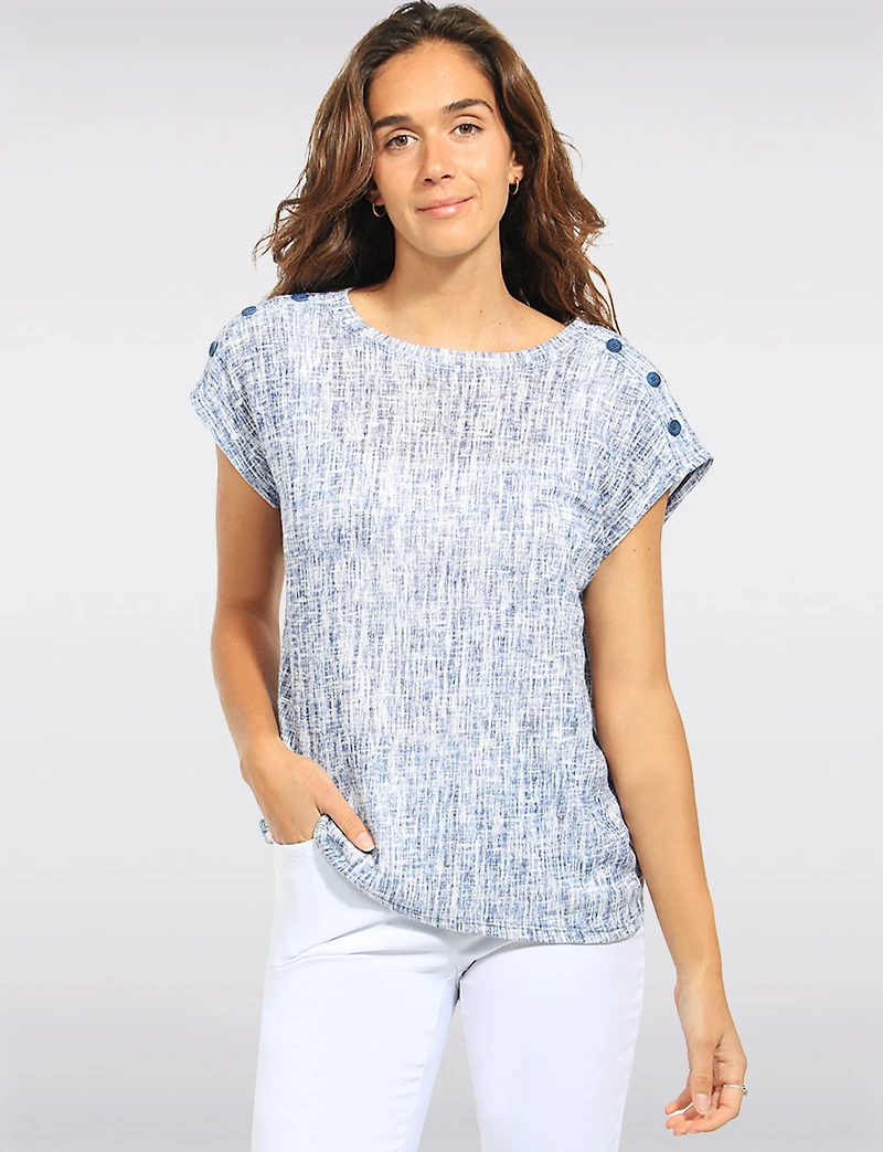 Stretchy Slim Fit Tweed Print Decorative Shoulder Button Cap Sleeve Top By Devia