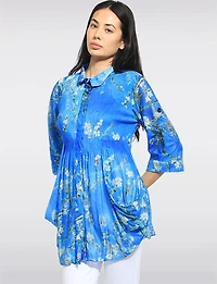 Blossom Print Pleated Button-Front Tunic Blue with Roll-Tab Sleeves by Lindi