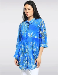 Blossom Print Pleated Button-Front Tunic Blue with Roll-Tab Sleeves by Lindi