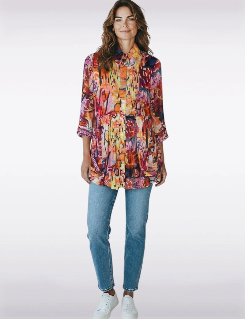 Abstract Graffiti Print Pleated Collared Tunic with Roll-Tab Sleeves by Lindi