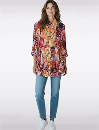 Abstract Graffiti Print Pleated Collared Tunic with Roll-Tab Sleeves by Lindi