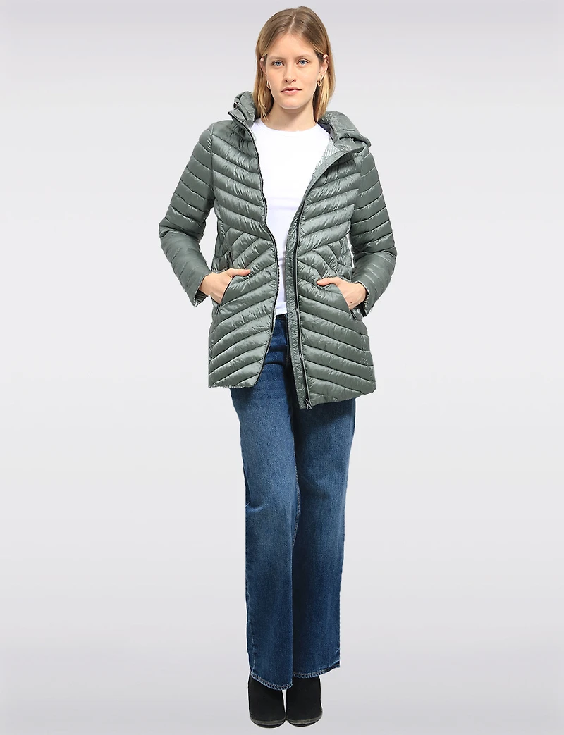 Lightweight Valerie Vegan Chevron-Quilt Puffer Detachable Hooded Jacket by Saki