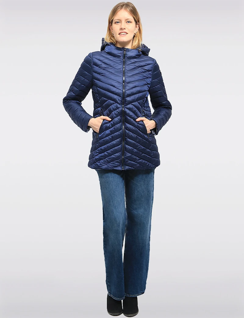 Lightweight Valerie Vegan Chevron-Quilt Puffer Detachable Hooded Jacket by Saki