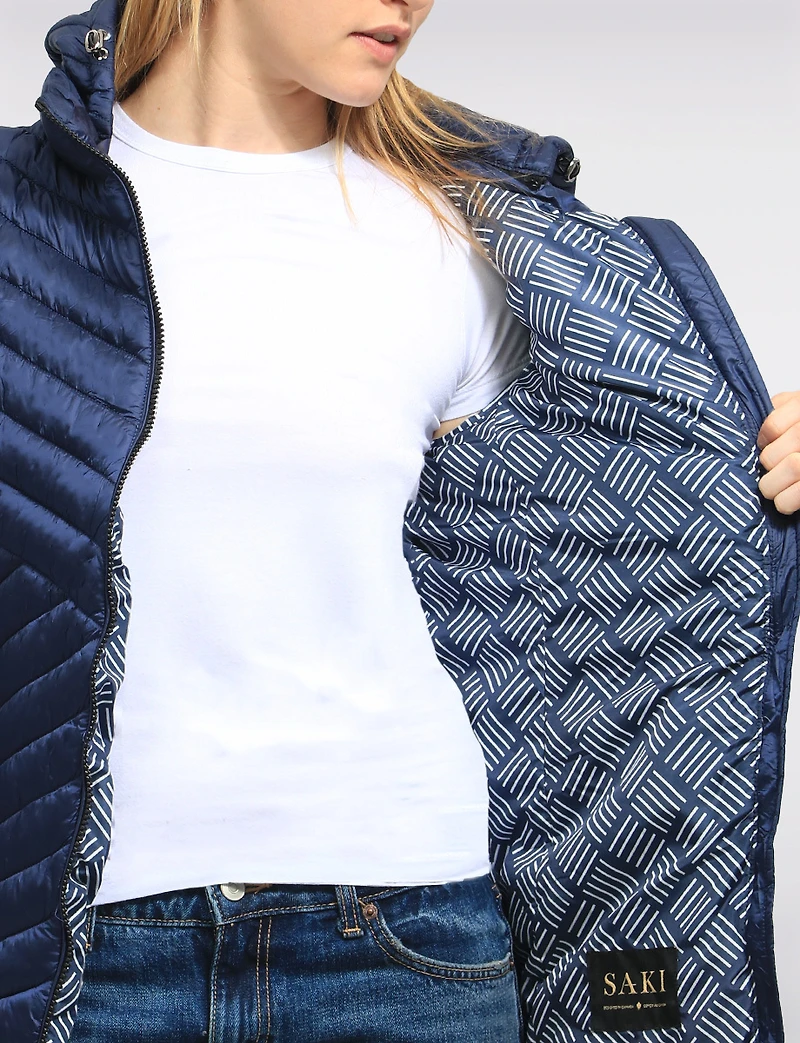 Lightweight Valerie Vegan Chevron-Quilt Puffer Detachable Hooded Jacket by Saki