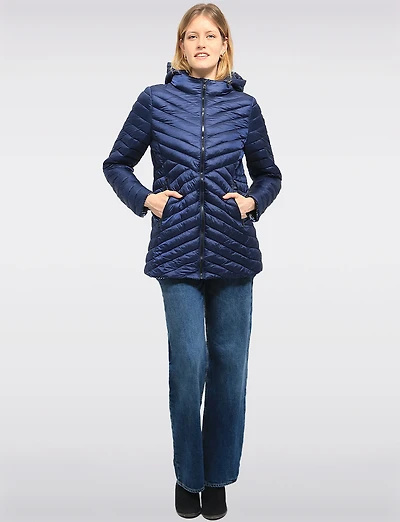 Lightweight Valerie Vegan Chevron-Quilt Puffer Detachable Hooded Jacket by Saki