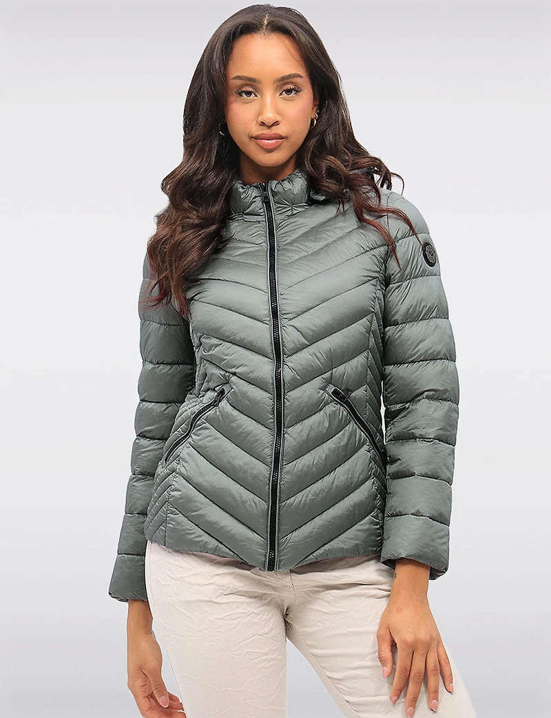 Lightweight Nora Vegan Multi-Quilted Puffer Jacket with Detachable Hood by Saki