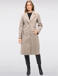 Chic Long Wool-Like Button Coat with Notch Collar & Defined Waist Tabs by Saki