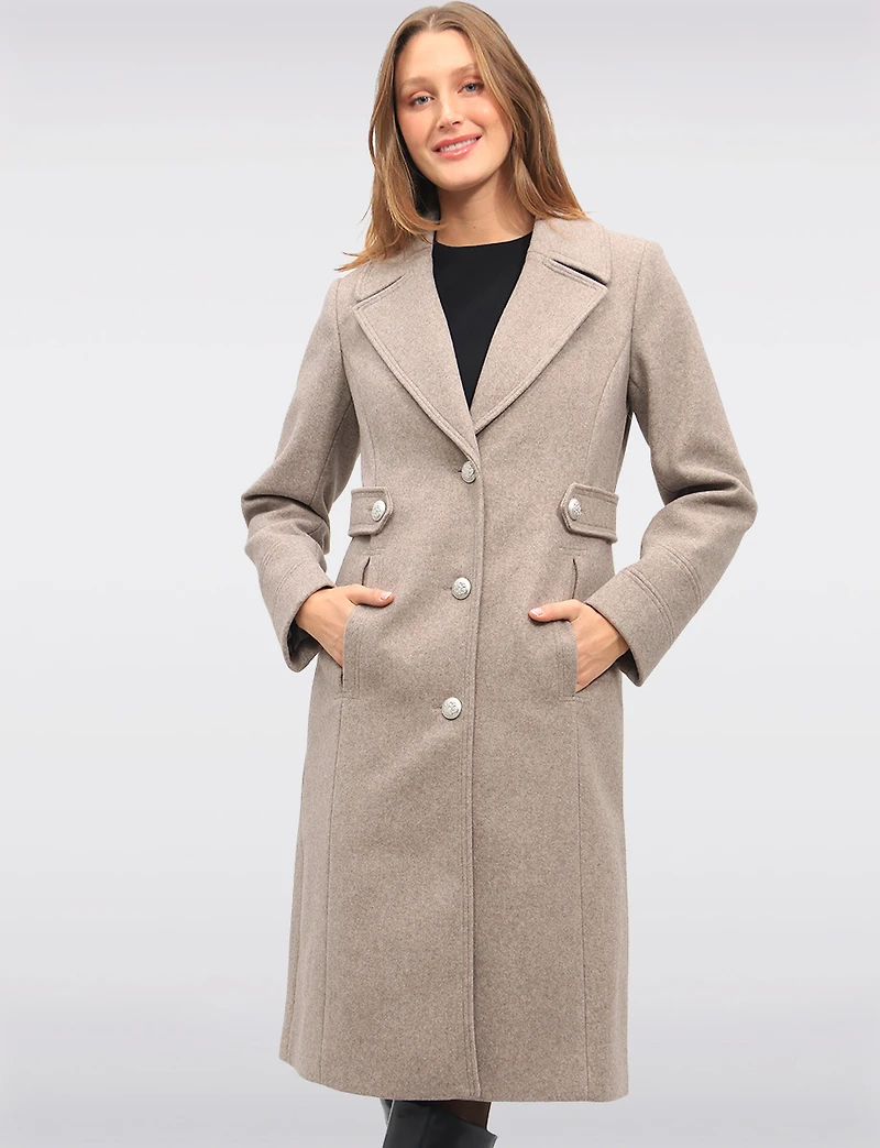 Chic Long Wool-Like Button Coat with Notch Collar & Defined Waist Tabs by Saki