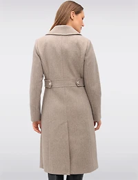 Chic Long Wool-Like Button Coat with Notch Collar & Defined Waist Tabs by Saki