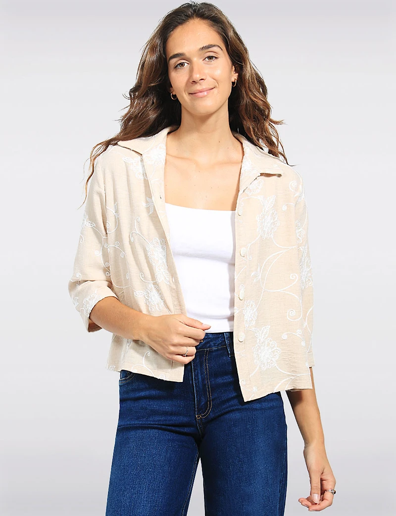 Straight Fit Cropped Floral Embroidery 3/4 Sleeve Button-Down Jacket by Devia